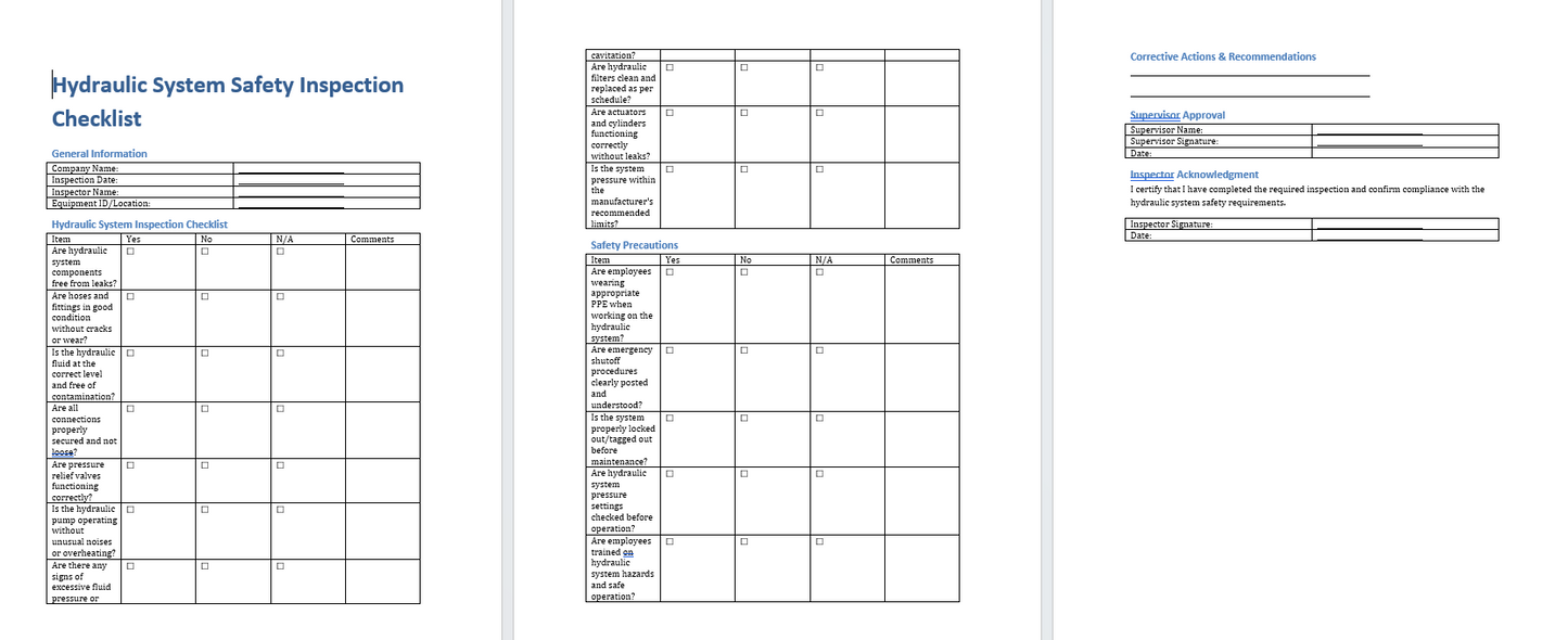 Hydraulic System Safet Inspection Checklist Template (Word Format Download)