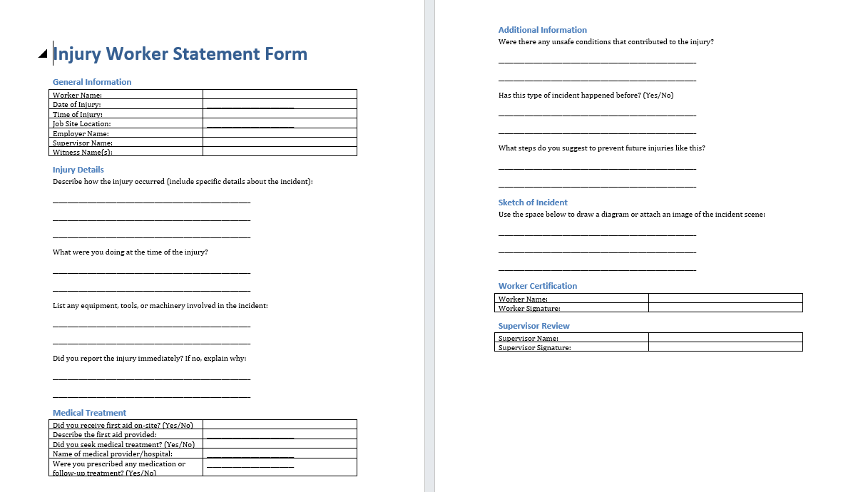 Injury Worker Statement Form (Word Format Download)