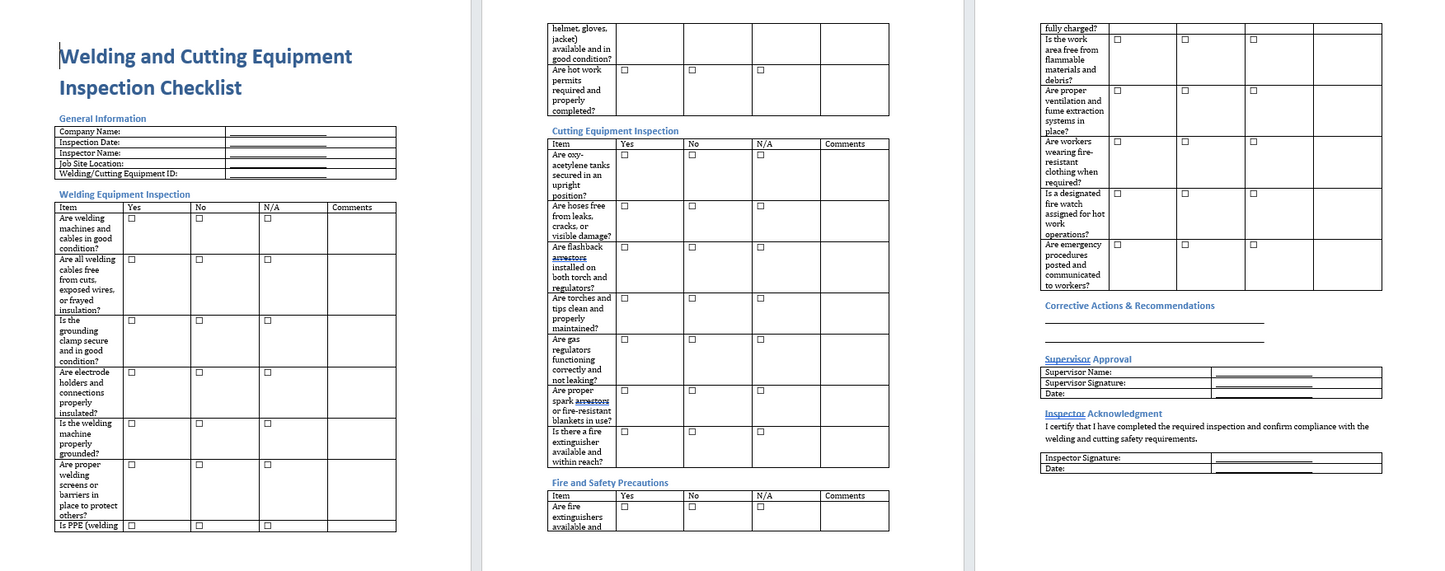 Welding Cutting Equipment Inspection Checklist Template (Word Format Download)
